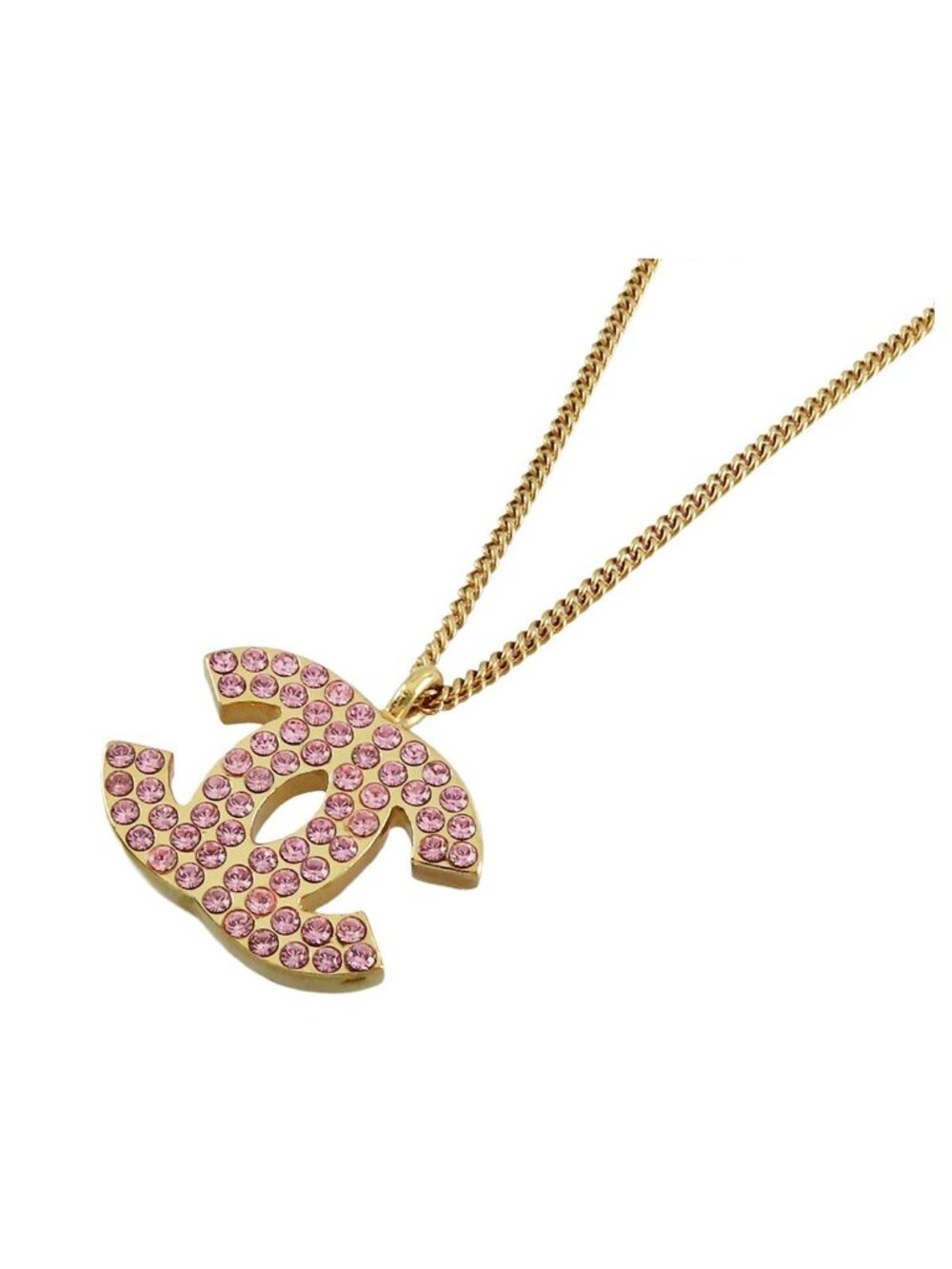 Chanel CC Logo Necklace Gold Rose Metal Rhinestone 02P Costume Pendant